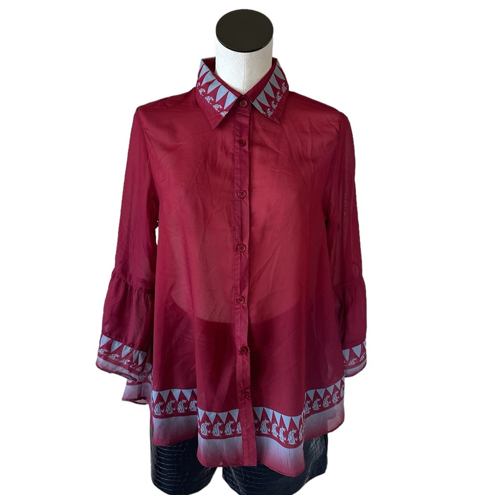 NWT Emerson Street Semi Sheer Rustic Brown Abstract Print Blouse - Picture 2 of 8